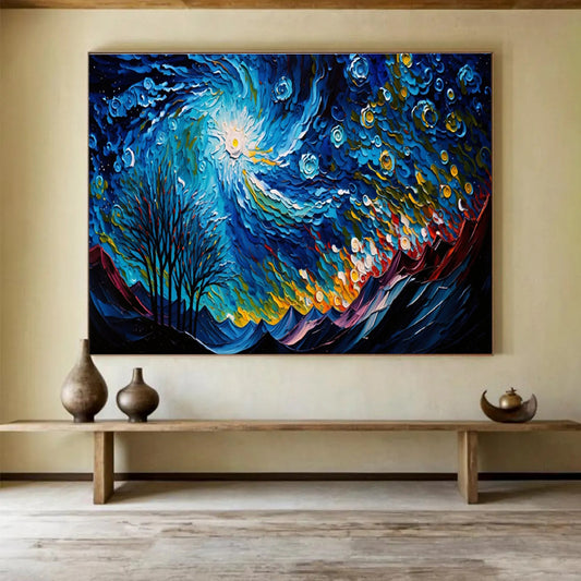 Swirling Starry Night - Blue, Yellow & White Abstract Sky Painting On Canvas DKH885