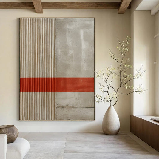 “Beige - Gray with Red Stripe” - Minimalist Textured Painting On Canvas DTP007