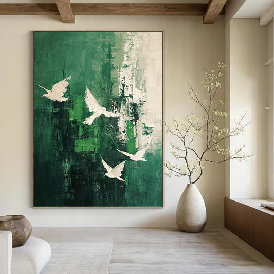 White Doves on Green Abstract - Abstract Painting On Canvas DKH1311