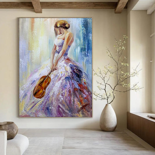 “Colorful Woman with Violin” – Impressionistic Oil Painting On Canvas CT2182