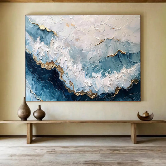 “Blue, White & Gold Textured Waves” Impasto Seascape Painting On Canvas DKH347