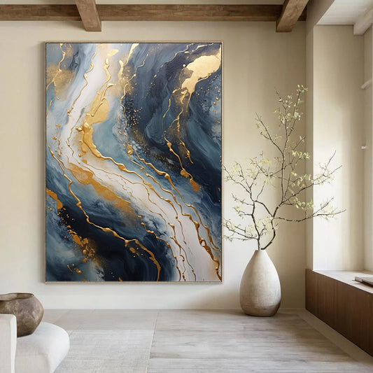 “Blue & Gold Marbled Flow” - Fluid Abstract Painting On Canvas DKH1599