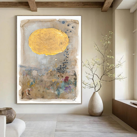 Beige, Gold, Colorful Accents - "Golden Daydream" - Mixed - media Abstract Art CT1814