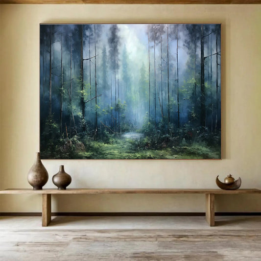 “Misty Forest Path - Cool Blue & Green Landscape Painting On Canvas” DKH869