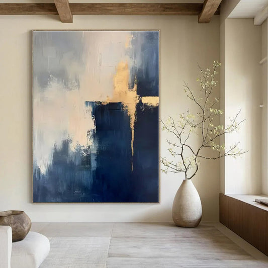 Navy, Gold & White Cross - Abstract Expressionist Acrylic On Canvas CT1311