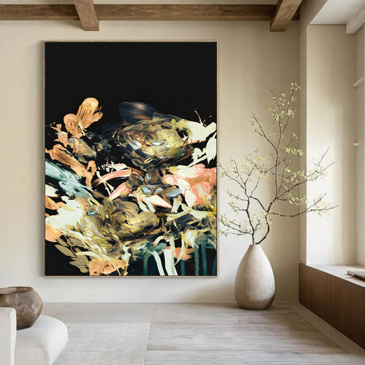 “Gilded Floral Burst on Black” - Impressionistic Floral Painting On Canvas DTP171