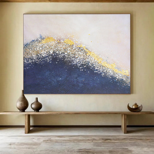 “Gilded Ocean Wave” - Navy, Gold & White Textured Abstract Painting On Canvas DLZ268