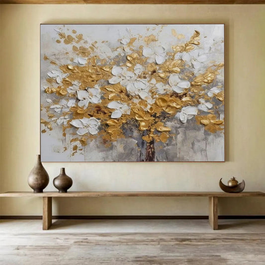 Gold and White Flower Tree - Impasto Floral Painting On Canvas DLZ246