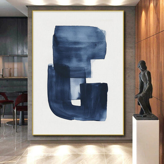 Navy Blue Abstract “G” - Shaped Form, “Inky Monogram” - Abstract Ink Painting CT0749