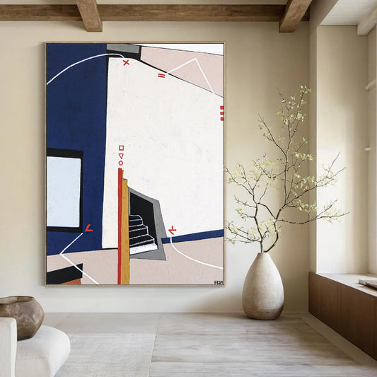 “Geometric Abstract with Blue, White, and Red Elements” - Architectural - Inspired Painting On Canvas DKH1106