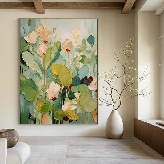 “Green, Beige, Yellow Floral ‘Botanical Dream’” - Impasto Flower Painting On Canvas DTP319