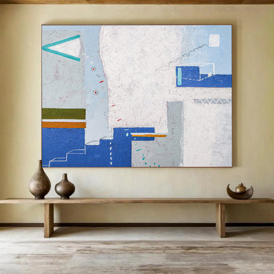 Color - Blocked Geometry with Blue, White, and Earth Tones, Abstract Cityscape Painting On Canvas DKH571