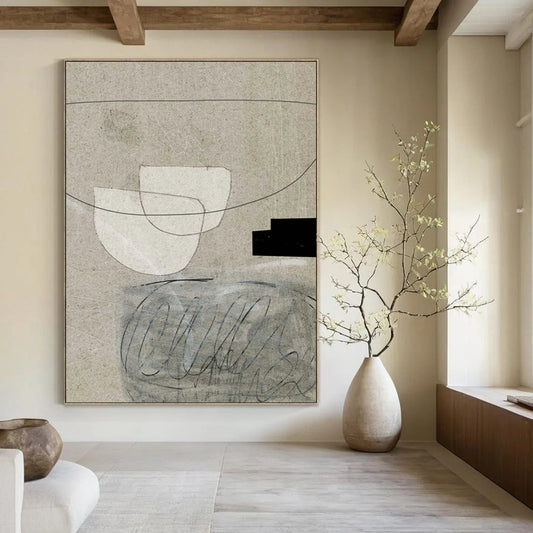 “Minimalist Paper Collage” - Beige, White, Black Mixed - Media Art On Canvas DTP238