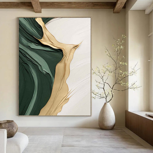 Emerald Green, Gold, and White Textured Abstract - Abstract Painting On Canvas DKH1496