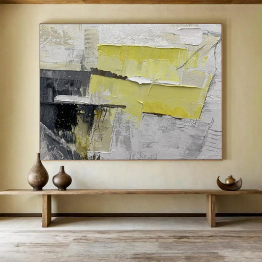 Bold Yellow and Gray Collage - Abstract Mixed - Media Painting On Canvas DKH595
