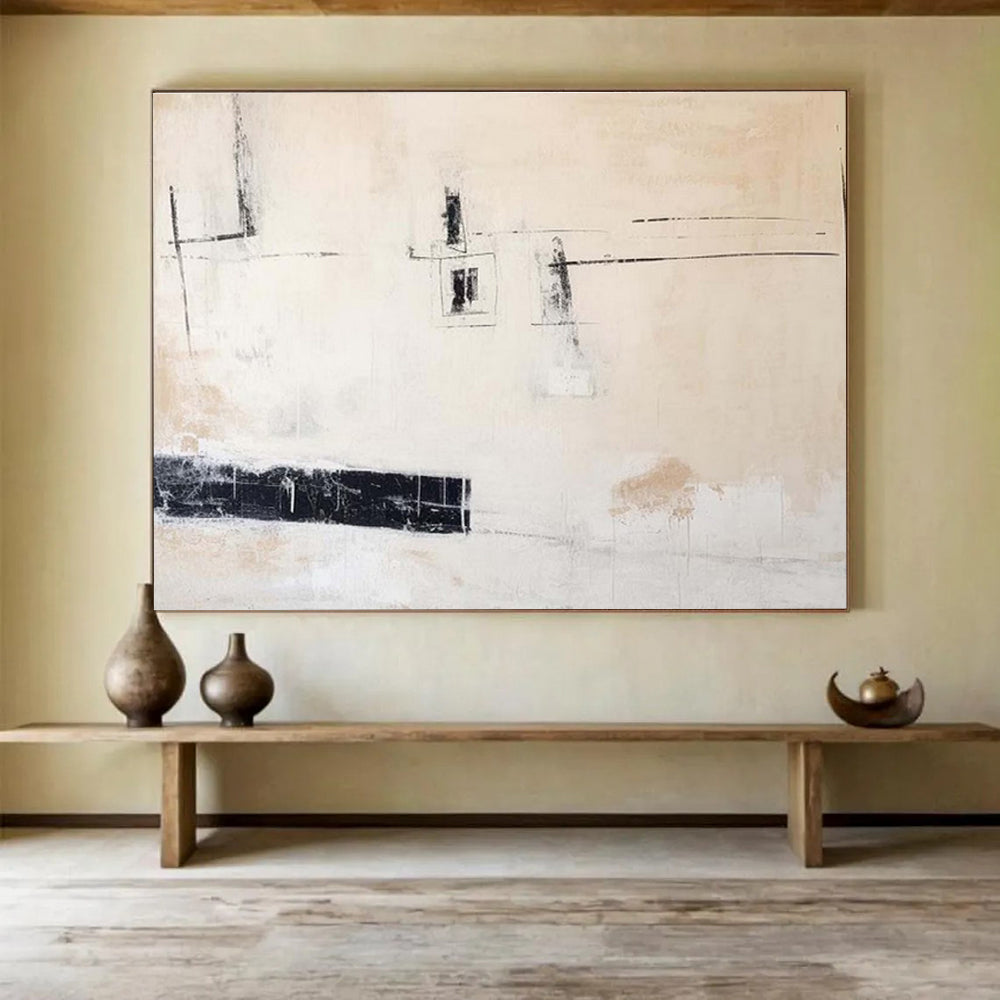 Minimalist Abstract “Sparse Black and White” Painting On Canvas DKH096