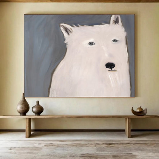 “Minimalist White Wolf” Abstract Portrait Painting On Canvas DKH422
