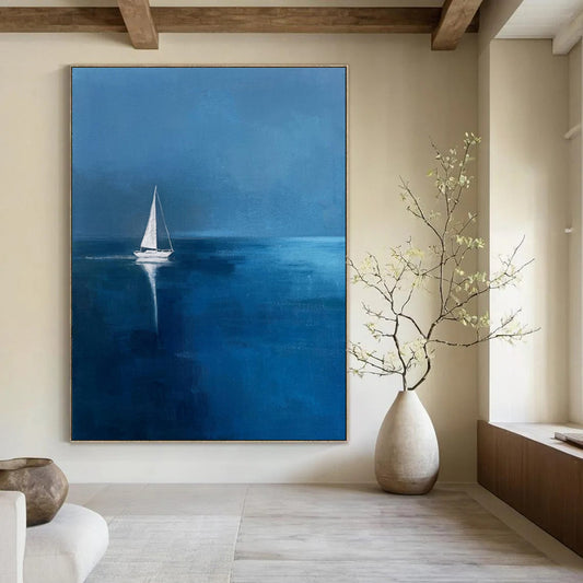 “Midnight Sail: Solitary Boat on Blue” - Minimalist Nautical Oil on Canvas CT1877