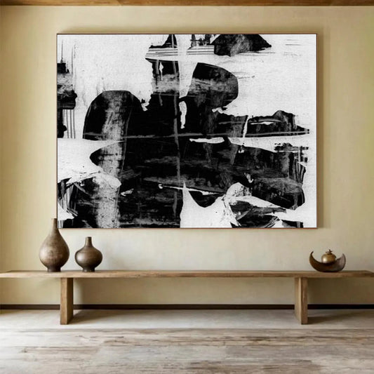 “Monochrome Textured Layers” Black - and - White Abstract Painting On Canvas DLZ134