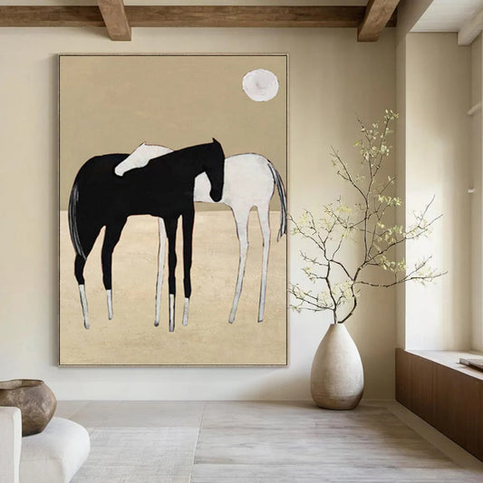 Minimalist Black and White Horses - Abstract Equine Painting On Canvas DKH1410