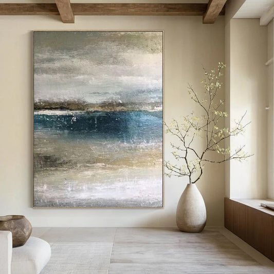 “Muted Coastal Layers” - Blue, Gray & Beige Abstract Seascape Painting On Canvas DKH0945