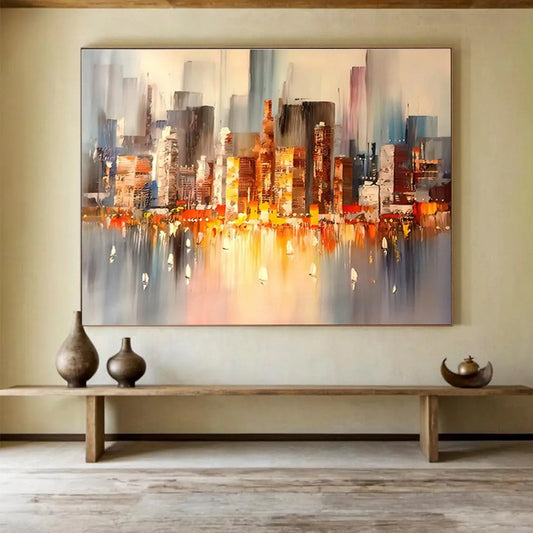 Colorful City Skyline - Gray, Orange & Blue Urban Painting On Canvas DKH899