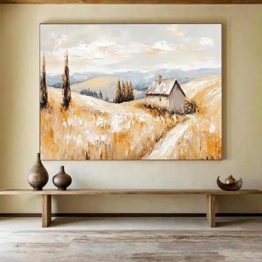 “Golden Field & Cottage” Landscape Oil Painting On Canvas DKH461