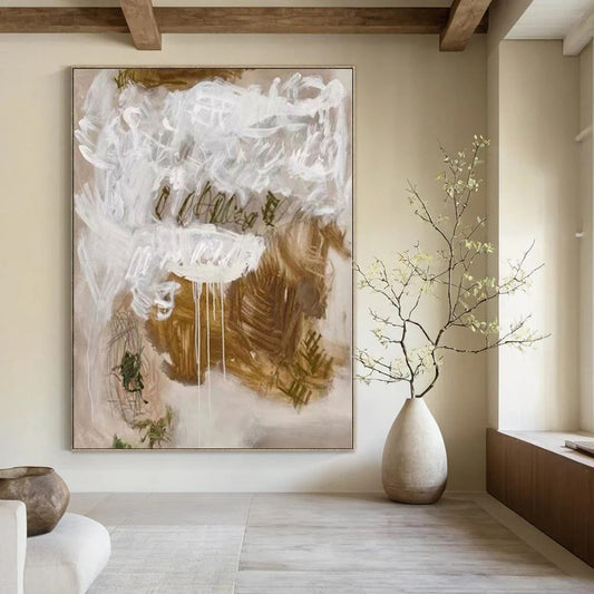 “Expressive Beige - White Abstract” – Abstract Expressionist Painting CT1085