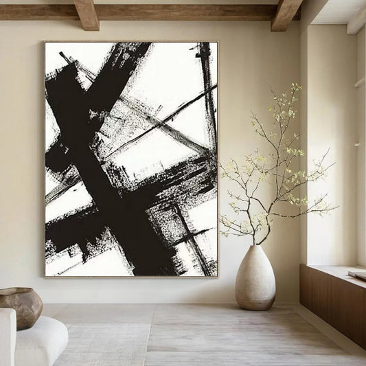 “Black & White Abstract Strokes” - Black & White Bold Minimalist Painting On Canvas DKH1028