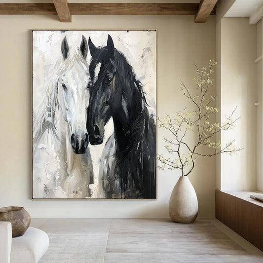 “Black & White Equine Bond” – Impasto Animal Painting On Canvas CT2122
