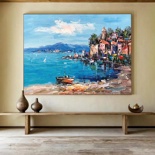 Colorful Coastal Village - Impressionist Seascape Painting On Canvas DLZ230