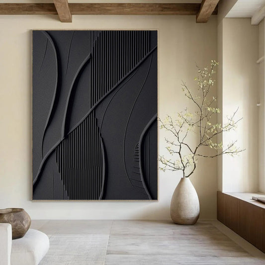 Black, Textured Abstract Forms - Abstract Painting On Canvas DKH1465