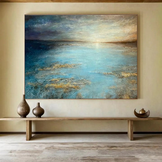 “Golden - Hued Blue Sea and Sky” - Impressionistic Seascape Painting On Canvas DKH771
