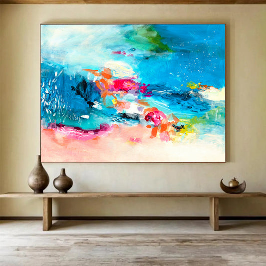 Colorful Abstract Ocean - Blues, Pinks, and Vivid Shapes Painting On Canvas DKH031