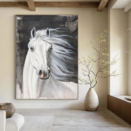 “Majestic Steed” - White Horse with Gray Background Realistic Painting On Canvas DKH1529