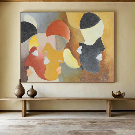 “Geometric Faces in Muted Hues - Reds, Yellows, and Blacks” Painting On Canvas DKH003