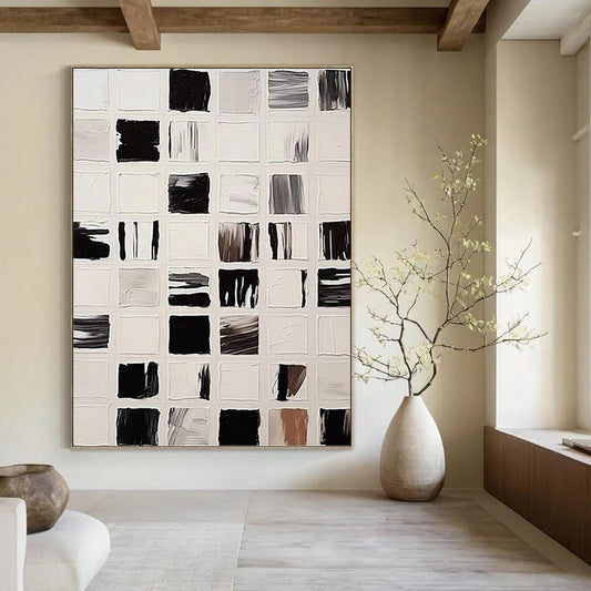 “Black and White Square Abstract - Microcosm of Color” Painting On Canvas DKH1133