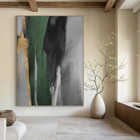 “Green - Gray - Gold Bold Strokes” - Green, Gray & Gold Abstract Expressionist Painting On Canvas DKH0932
