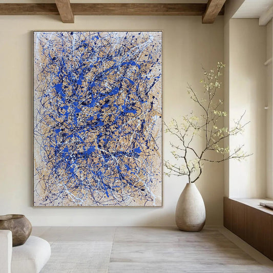 “Blue Drip Chaos” - Blue & White Abstract Drip Painting On Canvas DKH1580