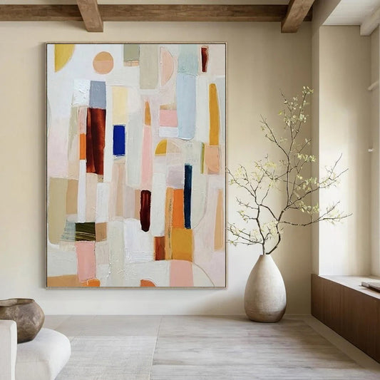 “Pastel Geometric Abstract with Various Shapes” - Cheerful Abstract Painting On Canvas DKH1113