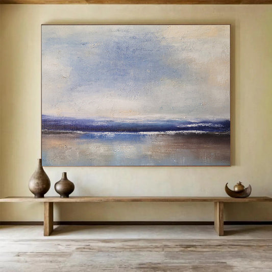 “Blue, White, Minimalist Shore ‘Quiet Beach Reflection’” - Minimalist Seascape Painting On Canvas DLZ037