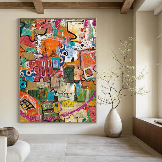 “Eclectic Abstract Patchwork” - Multicolor, Mixed - Media Collage Painting On Canvas DTP293