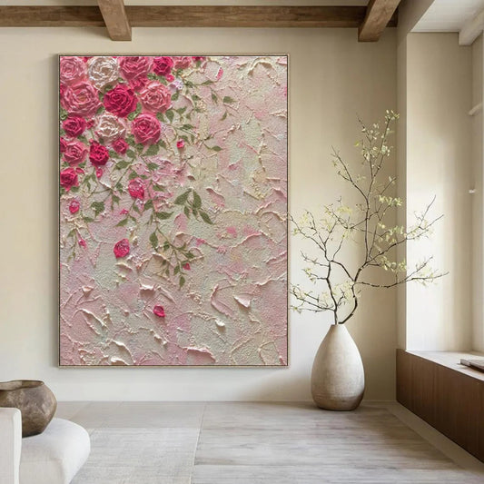 Pink & Green Roses, Textured Background - "Textured Blooms" - Impasto Oil Painting CT1450