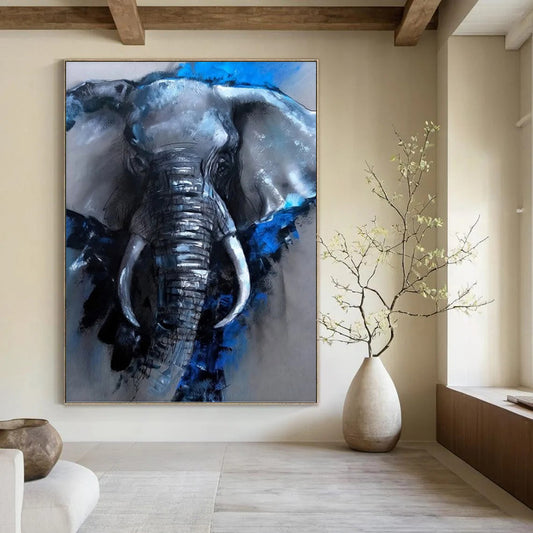“Blue & Gray Elephant Portrait” - Expressive Animal Painting On Canvas DKH1610