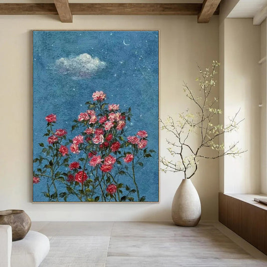 Blue Sky, Stars, Cloud, Moon & Pink Roses - "Starry Rose Garden" - Impressionistic Oil Painting CT1454