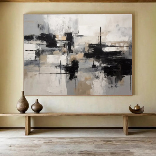 “Black, White & Beige Geometric Abstraction” Geometric Abstract Painting On Canvas DKH335