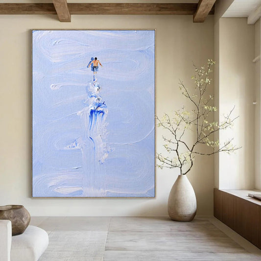 “Blue, White Figure ‘Water Wanderer’” - Impasto Sea & Figure Painting On Canvas DTP327