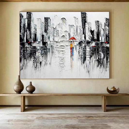 Monochrome City Stroll - Gray, White & Red Urban Painting On Canvas DKH895