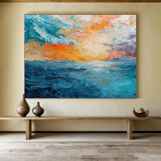 “Textured Seaside Sunset” Impasto Oil Painting On Canvas DKH503
