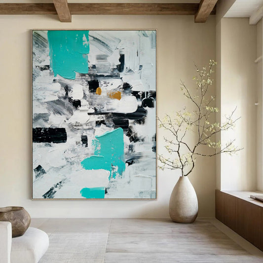 Turquoise, Gray, and Gold Abstract Blocks - Modern Abstract Painting On Canvas DKH1347